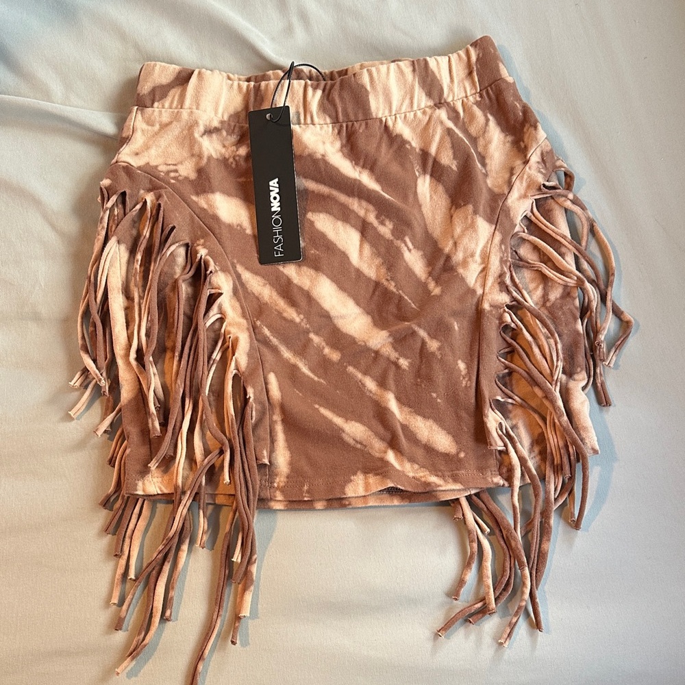 Tan Tie-Dye Fringe Mini Skirt